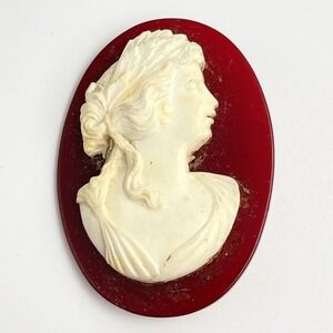 Vintage 80s Cream Cameo Brooch Pin Maiden Portrait Victorian Women's Jewelry Y2K
